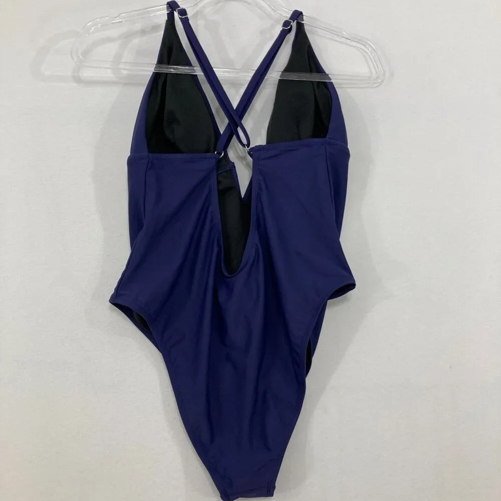 New CUPSHE size XL Navy One Piece Swimsuit V Neck Deep Cross Back‎